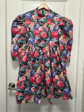 Vintage-Inspired Floral Fit & Flare Dress in Red, Blue and Green